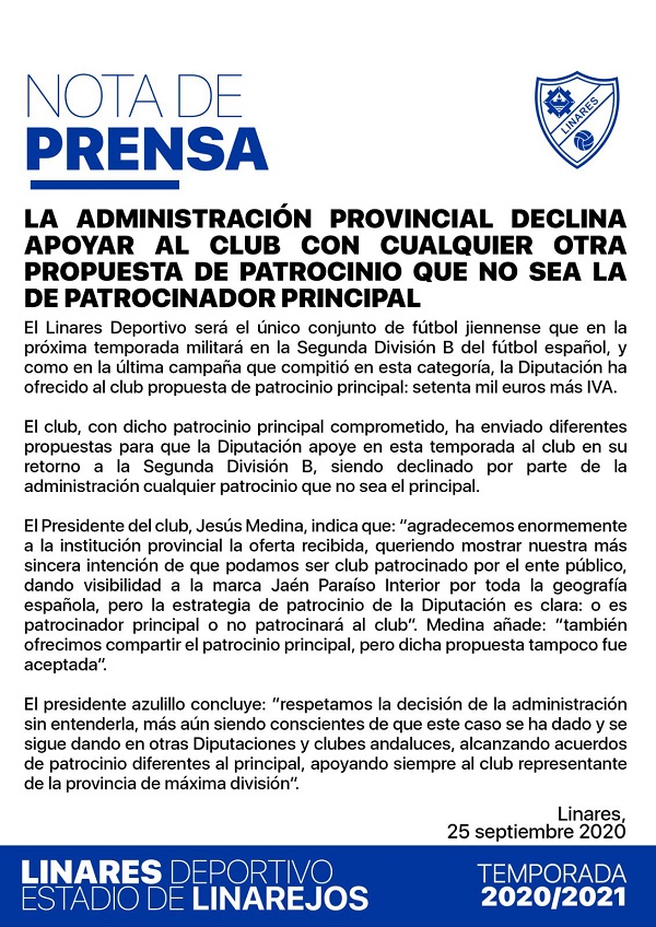 La Diputación de Jaén no patrocinará al Linares Deportivo
