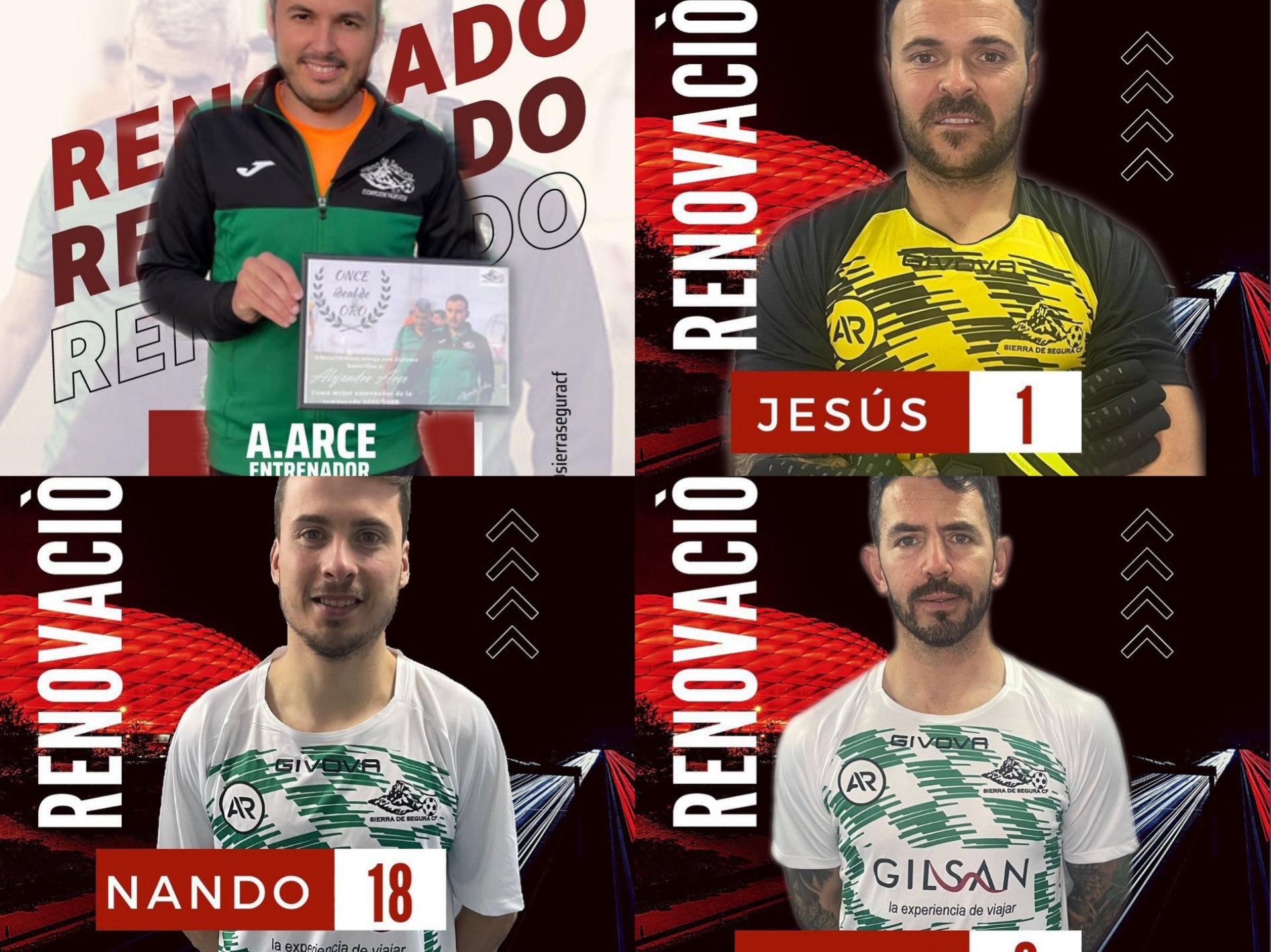 El entrenador Alejandro Arce y los jugadores Jesús Ruíz, Nando y Óscar Mañas primeras renovaciones del Sierra Segura CF